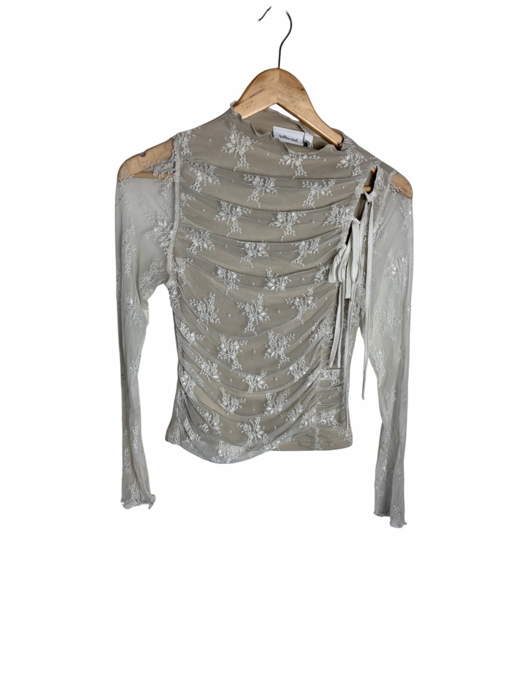 Willow & root white & tan floral lace mock neck ruched blouse size M